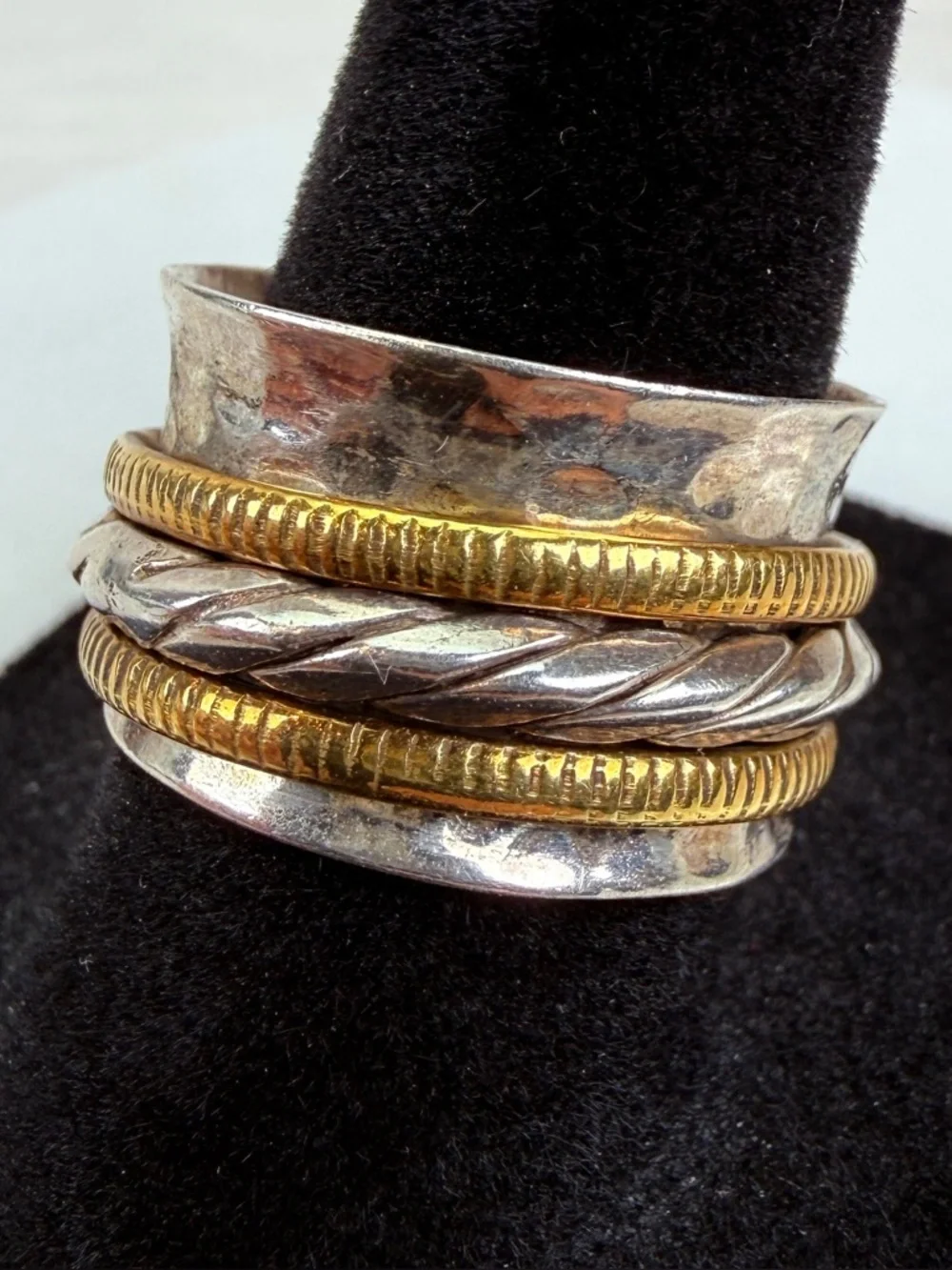 Vintage aged stamped 925 silver and bronze stone wideband spinner ring sz 7 3/4